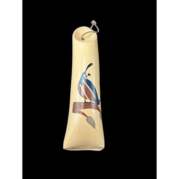 Quail ART POTTERY WALL POCKET FLOWER VASE Bird Southwest 12 x 3.5" Leather Strap - Picture 2 of 12